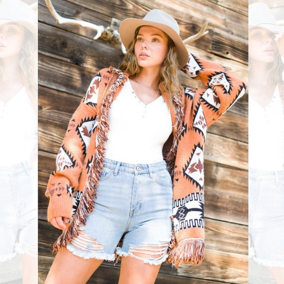 Rust Aztec Fringe Detail Cardigan Sweater - Picture 2 of 7